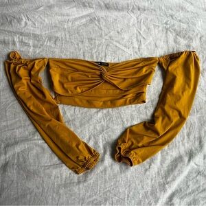 Mustard Off-the-Shoulder Long Sleeve Crop Top